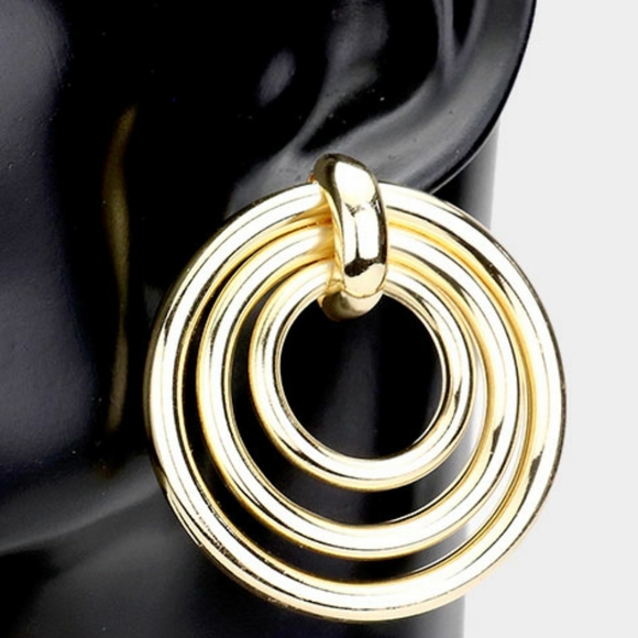 Gold Triple Hoop Open Circle Earrings Bold Look - Picture 2 of 2